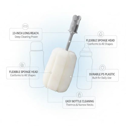 Long Handle Bottle Brush with Sponge Head, 13 Inch Cleaning Tool for Vacuum Flask and Narrow Neck Containers (1 PC) - color: White