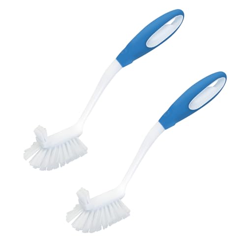 LOLA Pro Utility All Purpose Kitchen Cleaning Brush, 2 Pack, Durable Bristles, Comfort Ergonomic Rubber Non-Slip Grip, Built-in Food Scraper - color: White & Blue, size: 2 Pack