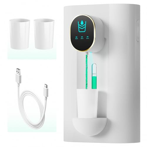 Oylik Automatic Mouthwash Dispenser 18.26 oz Touchless Mouthwash Dispenser for Bathroom 2 Magnetic Cup USB Rechargeable and 3 Dispensing Levels with Led Screen Wall-Mounted or Countertop Use-White - color: White, size: 1 Pack