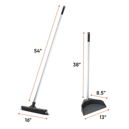 Superio Silicone Dust Pan with 35" Aluminum Long Handle & 16 Pet Hair Remover Silicone Broom - Lobby Dustpan Stand-Up & Carpet Rake Set for Hardwood, Tile, and Rugs - Gray - style: Dustpan with Broom