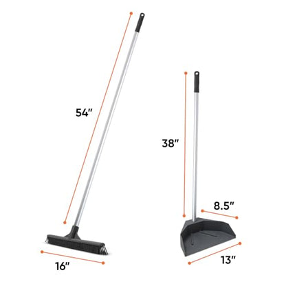Superio Silicone Dust Pan with 35" Aluminum Long Handle & 16 Pet Hair Remover Silicone Broom - Lobby Dustpan Stand-Up & Carpet Rake Set for Hardwood, Tile, and Rugs - Gray - style: Dustpan with Broom