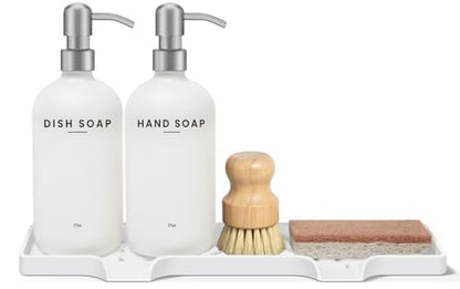 Kitchen Soap Dispenser Set - Dish Soap Dispenser for Kitchen with Self Drain Tray, 17oz Glass Bottle, Stainless Steel Pump, Sponge, and Dish Brush - Silver - color: White Bottle + Silver Pump