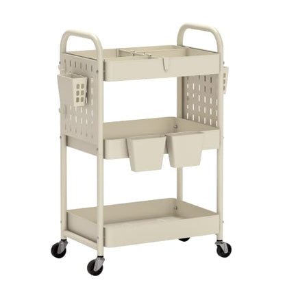 danpinera 3 Tier Rolling Cart with Retractable Dividers, Multi-Functional White Rolling Utility Cart with Pegboards, Hooks & Hanging Cups for Nursery, Living Room, Studio - color: Beige, size: with Dividers