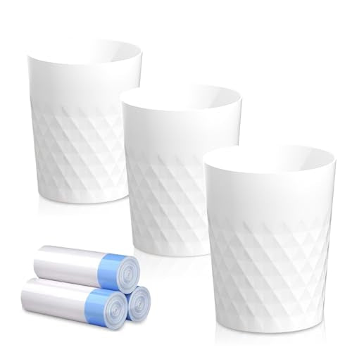 JiatuA 3 Pack Small Trash Can with Trash Bags Bathroom Garbage Bin Round Plastic Waste Basket for Kitchen, Bedroom, Office, College Dorm, Craft Room, White - color: White