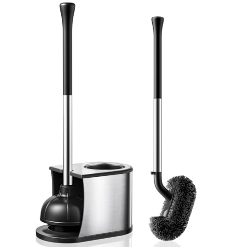 HAMITOR Toilet Plunger and Brush Set: 2 in 1 Stainless Steel Rustproof Combo with Deep Cleaning Curved Bristles - Heavy Duty Toilet Unclogging for Family Bathroom - Compact Apartment Accessories - color: Silver