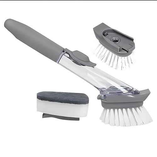 Soap Dispensing Dish Brush with Holder, Kitchen Pot Pan Scrub Brush Set with Replaceable Brush Head, Sink Cleaning Brush with Storage Tray (3-Piece Set Sponge Head) - color: 3-piece Set Sponge Head