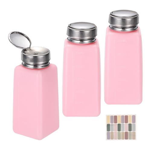 uxcell 3Pcs Push Down Solvent Dispenser, 250ml/8.4oz Anti-Reflux Liquid Pump Bottle with Stainless Steel Lid and Colorful Stickers for Acetone Alcohol Makeup Remover, Pink - color: Pink, size: 250ml/8.4oz