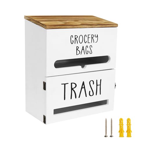 2 in 1 Trash Bag Dispenser, Double Wall Mounted,Wood Trash Bag Holder, used in kitchen, garage, laundry room, can store Environmentally friendly food bags and garbage bags (White) - color: White/Large(10inch*5.5inch*12.2inch）