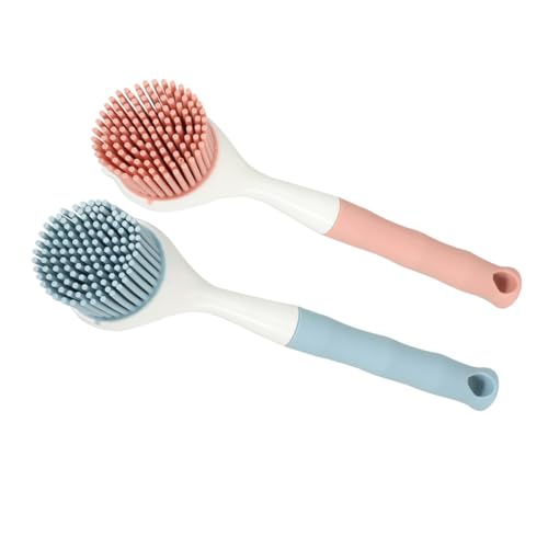 2Pcs Kitchen Dish Scrubber Brush Set Non-Scratch Silicone Pot Brush with Long Comfortable Handle for Effective Oil and Stain Removal on Pans and Dishes
