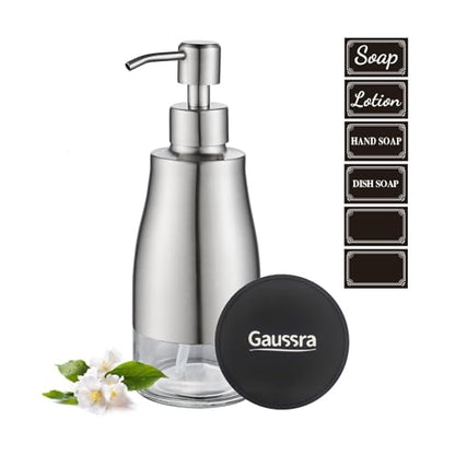 Gaussra Soap Dispenser with Coaster and Stickers, Brushed Nickel Stainless Steel Case Glass Liner Hand Pump Dispenser, Refillable Liquid Hand Soap Dispenser for Bathroom & Kitchen (11OZ / 320ML) - color: Brushed Nickel