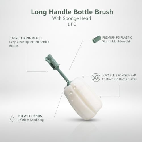 Long Handle Bottle Brush with Sponge Head, 13 Inch Cleaning Tool for Vacuum Flask and Narrow Neck Containers (1 PC) - color: Green