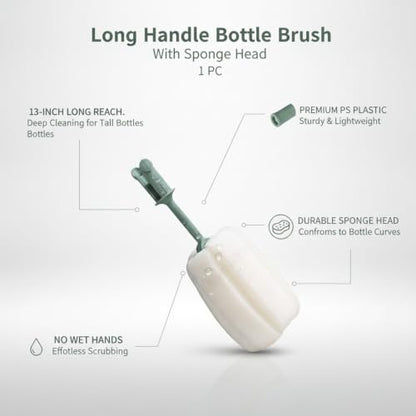 Long Handle Bottle Brush with Sponge Head, 13 Inch Cleaning Tool for Vacuum Flask and Narrow Neck Containers (1 PC) - color: Green