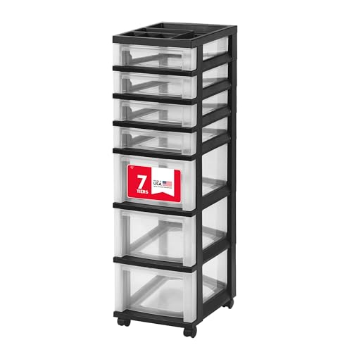 IRIS USA Plastic Drawer Storage Organizer Rolling Cart, with Wheels Casters, 7-Drawers, for Classroom Art Craft Supplies Dresser Closet Bathroom Laundry Room, Black/Clear - color: Black, size: 7 Drawer