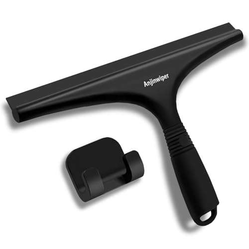 Shower Squeegee with Hang Hook, Bathroom Squeegee for Shower Glass, Tile Wall, Window, Floor, Mirror - 10 in + Silicone, No-Squeak & Streak-Free & Non-Slip Home Car Cleaner Kit Tool - color: Whole-black