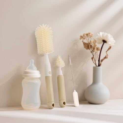 3-Pack Silicone Baby Bottle Brush, Bottle Cleaner, with Convenient Hang Up, Food Grade Silicone, Effortless Scrubbing Cleaning Brushes for Long Narrow, Sports, Baby Bottles (Latte)