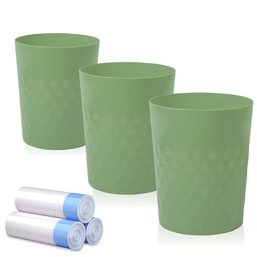 JiatuA 3 Pack Small Trash Can with Trash Bags Bathroom Garbage Bin Round Plastic Waste Basket for Kitchen, Bedroom, Office, College Dorm, Craft Room, Green - color: Green