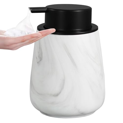 12Oz Foaming Hand Soap Dispenser - Ceramic Bathroom Foam Soap Dispenser with Easy-to-Press Black Pump, Refillable Lotion Hand Dispenser, Dish Soap Dispensers for Kitchen, Marble White - color: Marble White, style: Foam Pump