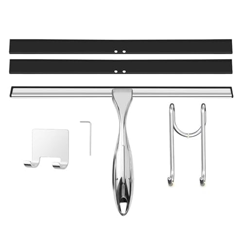 14-Inch Shower Squeegee, Stainless Steel Squeegee for Shower or Window Glass Door, Includes Two Spare Scrapers and one Adhesive Hook. (Silver, 14 in) - color: Silver, size: 14 in
