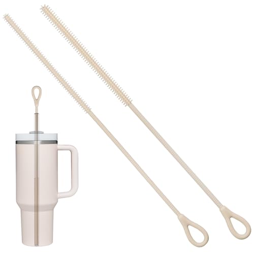 2Pcs Silicone Straw Cleaner Brush, 9.84in Reusable Straw Cleaner with Bendable Steel Core, Extra Long Soft Bottle Brush for Clearing Glass Straws, Smoothie Straws, 9mm&6mm (Beige) - color: Beige