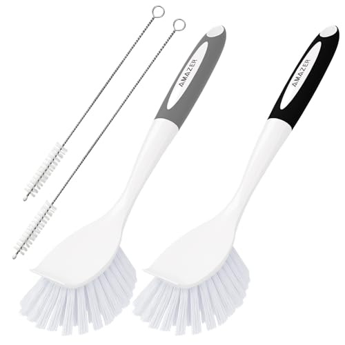 Amazer 4 Pack Dish Brush with Handle, Kitchen Scrub Brushes for Cleaning, Straw Cleaner Brushes for Water Bottle, Dish Scrubber with Stiff Bristles for Sink - color: Gray+black, size: 4 Pack