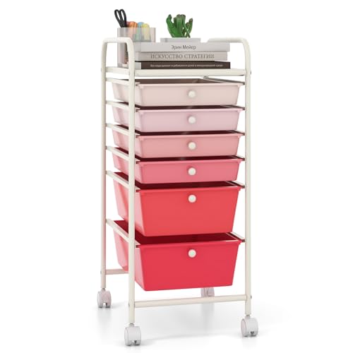 Giantex 6 Storage Drawer Cart Rolling Organizer Cart for Tools Scrapbook Paper Home Office School Multipurpose Mobile Utility Cart (Pink Gradient) - color: Pink Gradient, size: 6 Drawer-13.5"x17"x30"