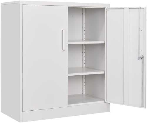 SISESOL White Metal Storage Cabinet with Doors and Shelves,36 inch Small Metal Cabinet with Lock,Short Garage Storage Cabinets,Locking Steel Cupboard for Home,Office,Kitchen,Garages - color: White, size: 36"H -2 Door -4 Tier