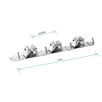 Mop and Broom Hanger Wall Mount, stainless steel Broom Hook Organizer Wall Mounted, Heavy Duty Mop Holder Storage Rack - 3 Racks 4 Hooks for hanging brooms and mops