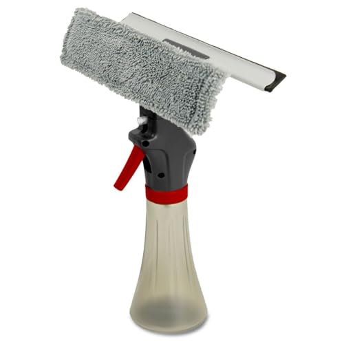 Libman 3-in-1 Window Squeegee Spray Tool – Spray Bottle with Microfiber Scrubber and Rubber Blade – All-in-One Glass Cleaner – Streak-Free Shine – Machine-Washable – Easy Storage & Use