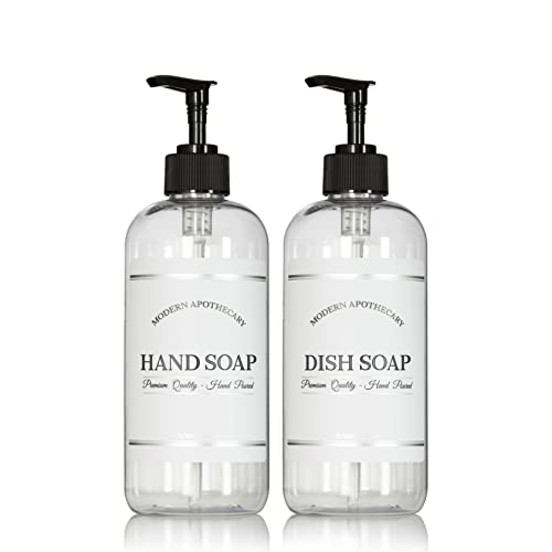 Clear Refillable Hand and Dish Soap Dispenser Set with Pumps for Kitchen Sink - PET Plastic Soap Bottles Refillable with Pump - Waterproof Labels - 16 oz, 2 Pack (Black Plastic) - color: Black Pumps