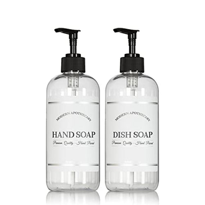 Clear Refillable Hand and Dish Soap Dispenser Set with Pumps for Kitchen Sink - PET Plastic Soap Bottles Refillable with Pump - Waterproof Labels - 16 oz, 2 Pack (Black Plastic) - color: Black Pumps