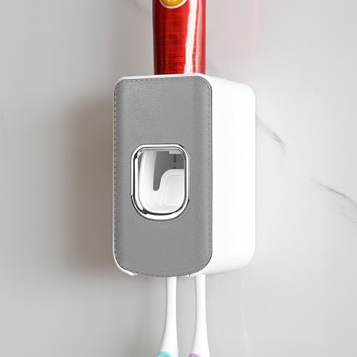 2 Slot Plastic Toothbrush Holder and Toothpaste Dispenser Wall Mounted, Automatic Toothpaste Squeezer, 2 in 1 Tooth Brush Toothpaste Organizer for Shower (Grey) - color: Grey - Type B, size: 1