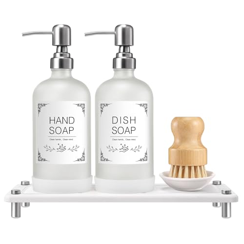 Dish Soap Dispenser Set for Kitchen 16oz Glass Bottle with Stainless Steel Pump, Instant Dry Tray, Perfect for Kitchen Decor and Bathroom Accessories, Women’s Gifts for Christmas - color: Frosted Bottle + White Tray
