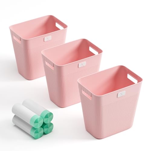 JOYMOOP Slim Trash Can 3-Pack, 2.2 Gallon Plastic Wastebasket for Bathroom, Bedroom, Office, Kitchen with 4 Rolls Bags, Pink - color: Pink, size: 3 pcs Waste Baskets+ 4 Rolls of Trash Bags