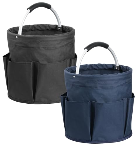 17L Bucket Tool Organizer with 6 Side Pockets, 2Pcs Collapsible Cleaning Caddy with Handle, Folding Gardening Tool Bag, Multifunctional Storage Basket for Garden, Bathroom, Black + Navy Blue - color: Black + Navy Blue, size: 2PCS