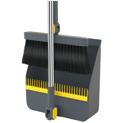Broom and Dustpan Set, Long Handle Standing Broom with Self-Cleaning Comb Teeth, Heavy Duty Broom Dustpan Combo for Home Kitchen Office Floor Pet Hair Cleaning (Grayyellow) - color: Grayyellow