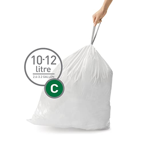 simplehuman Code C 60 Count Custom Fit Liners, Drawstring Kitchen Trash Bags, One-by-One Mess-Free Dispense, Extra Thick & Double Seamed, 50% PCR Plastic, 10-12 Liter / 2.6-3.2 Gallon, White - size: 60 Count (Pack of 1)