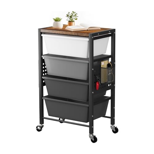 Rolling Cart with 4 Drawers, Plastic Drawer Storage Carts with Wheels & Wooden Tabletop, Metal Utility Cart with Pegboards, Office Living Room Classroom Craft Organization and Storage, Dark Grey - color: Dark Grey, size: 4-drawer