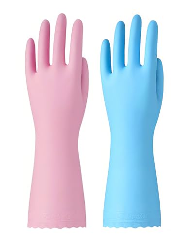 Bamllum Rubber Cleaning Gloves - 2 Pairs Latex Free Kitchen Cleaning Gloves with Cotton Liner- Household Dishwashing Gloves, Non- Slip Waterproof (Medium, Blue+Pink) - color: Blue+pink, size: Medium