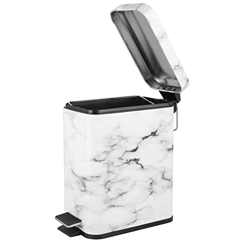 mDesign Small Modern 1.3 Gallon Rectangle Metal Lidded Step Trash Can, Compact Garbage Bin with Removable Liner Bucket and Handle for Bathroom, Kitchen, Craft Room, Office, Garage - White Marble - color: White Marble, size: 1.3 Gallon