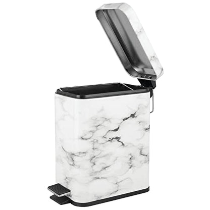 mDesign Small Modern 1.3 Gallon Rectangle Metal Lidded Step Trash Can, Compact Garbage Bin with Removable Liner Bucket and Handle for Bathroom, Kitchen, Craft Room, Office, Garage - White Marble - color: White Marble, size: 1.3 Gallon