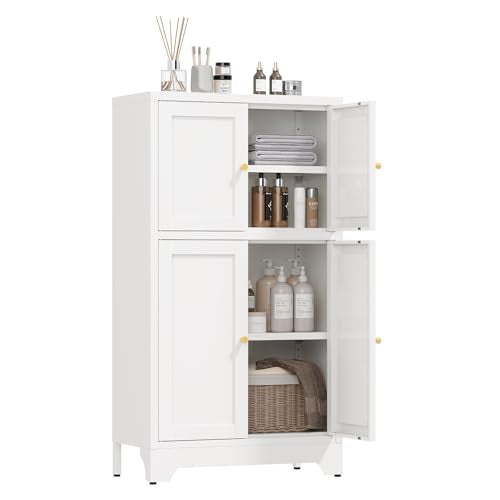 Bathroom Floor Storage Cabinet,Freestanding Bathroom Storage Cabinets,White Bathroom Cupboard,Metal Floor Cabinets,Small Cabinet with 2 Adjustable Shelves&4 Doors - color: White, size: 43"H