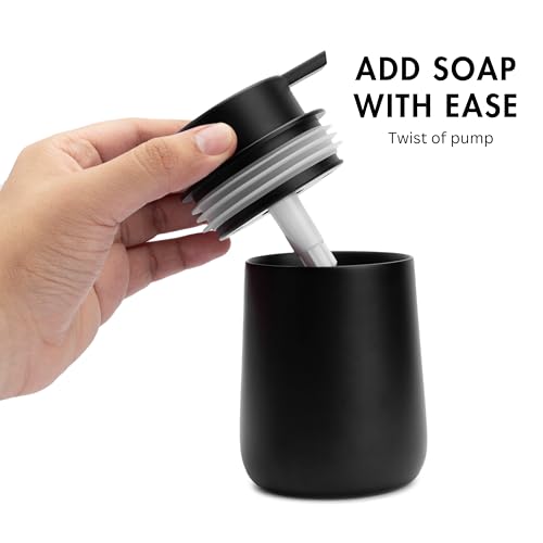 Matte Black Round Soap Dispenser for Kitchen & Bathroom – 9 oz Refillable Resin Pump Bottle for Dish Soap, Hand Soap, Shampoo, Conditioner – Modern Countertop Dispenser with Non-Slip Protective Pads - color: Black, style: Round Short Soap Dispenser