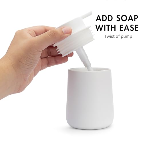 Matte White Round Soap Dispenser for Kitchen & Bathroom – 9 oz Refillable Resin Pump Bottle for Dish Soap, Hand Soap, Shampoo, Conditioner – Modern Countertop Dispenser with Non-Slip Protective Pads - color: White, style: Round Short Soap Dispenser