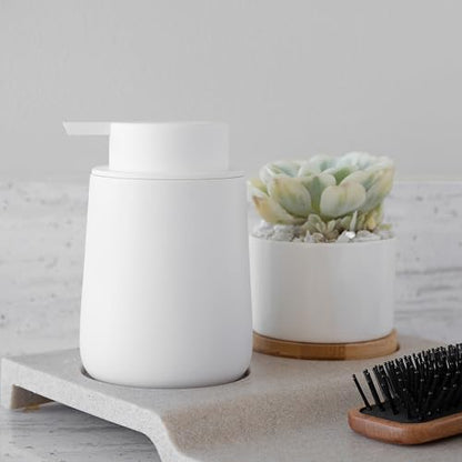 Matte White Round Soap Dispenser for Kitchen & Bathroom – 9 oz Refillable Resin Pump Bottle for Dish Soap, Hand Soap, Shampoo, Conditioner – Modern Countertop Dispenser with Non-Slip Protective Pads - color: White, style: Round Short Soap Dispenser