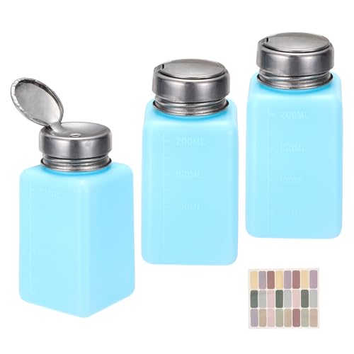 uxcell 3Pcs Push Down Solvent Dispenser, 200ml/6.7oz Anti-Reflux Liquid Pump Bottle with Stainless Steel Lid and Colorful Stickers for Acetone Alcohol Makeup Remover, Blue - color: Blue, size: 200ml/6.7oz