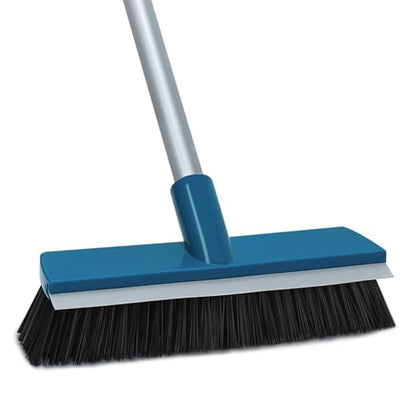Stiff Bristle Deck Brushes for Scrubbing Heavy Duty with Rubber Scrape Squeegee, 55” Long Handle Scrub Brush for Bathroom Shower Carpet Outdoor Floor Cleaning (Head Size: 10.8”)