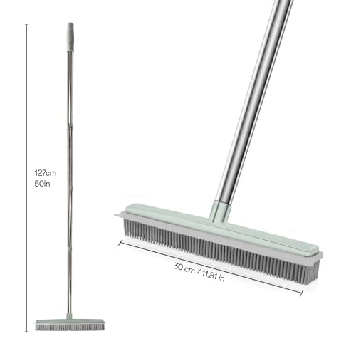 Rubber Broom with Hair Removal Gloves for Carpet Pet Hair Remover,50 inch Long Handled Fur Remover Rake,Portable Detailing Lint Brush,Pet Removal Fluff Carpet,Hardwood Floor,Tile,Green