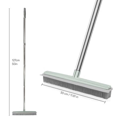 Rubber Broom with Hair Removal Gloves for Carpet Pet Hair Remover,50 inch Long Handled Fur Remover Rake,Portable Detailing Lint Brush,Pet Removal Fluff Carpet,Hardwood Floor,Tile,Green