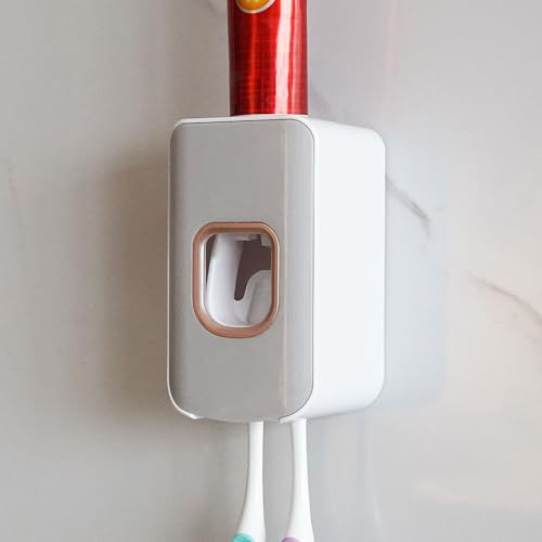 2 Slot Toothbrush Holder and Toothpaste Dispenser Wall Mounted, Automatic Toothpaste Squeezer, 2 in 1 Tooth Brush Toothpaste Organizer for Shower (Light Grey) - color: Light Grey, size: 1