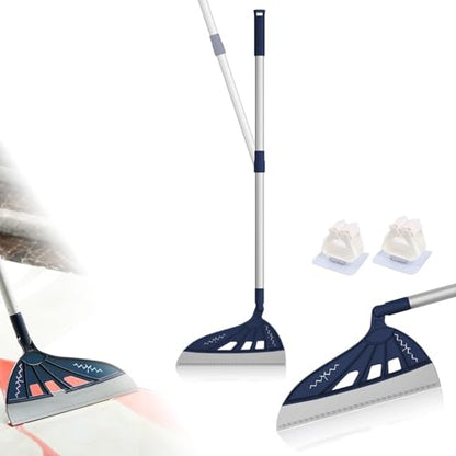 Magic Air Broom Household Silicone Broom, Multifunction Squeegee with 2 Heads - Brush and Scrape, Magic Broom Sweeper with Extra-Long Adjustable Aluminum Handle for Floor, Glass, Tile (Blue)